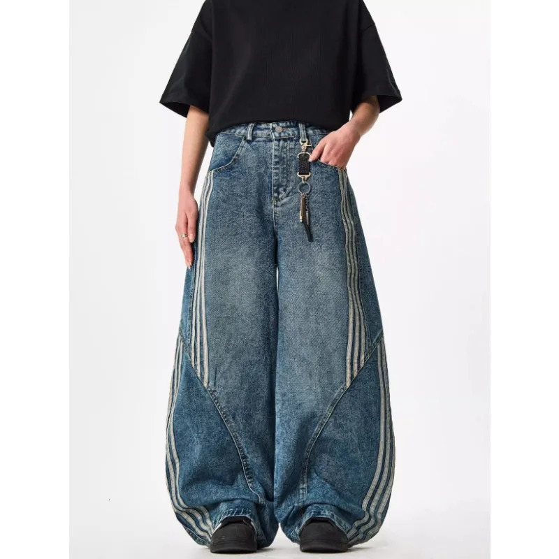 Y2K Custom Women Jeans Vintage Reconstruction Denim Pants Wide Leg With Distressed Wash And Stripe Details 251029