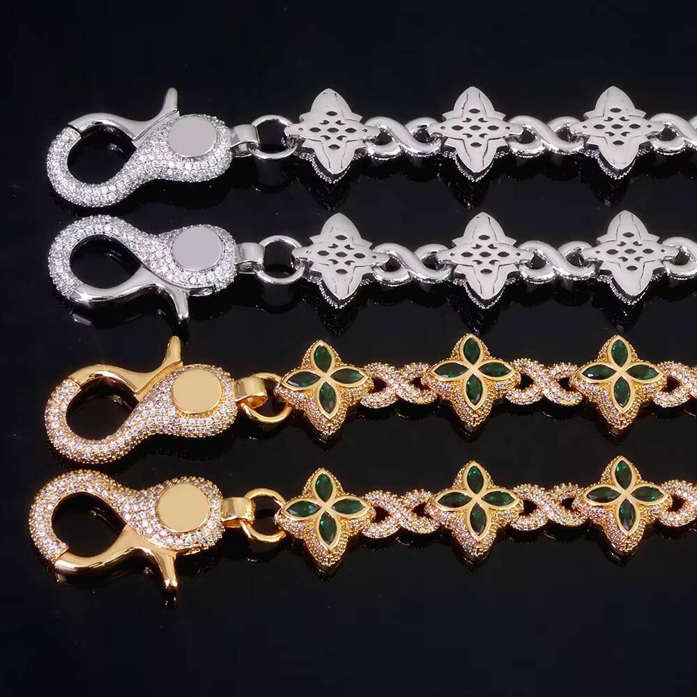 NUOYA Luxury Silver Plated Cuban Pants Chain Iced Out Flower Cross Four Leaf Clover Infinity Design Diamond Hip Hop Jewelry Designer's style