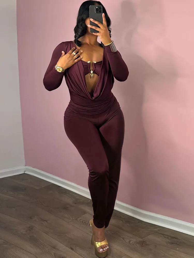 Weird Puss Swing Collar Jumpsuits Women Fashion Metal Decoration Full Sleeve Sexy Hollow Slim Peach Hip Street Midnight Clubwear 251028