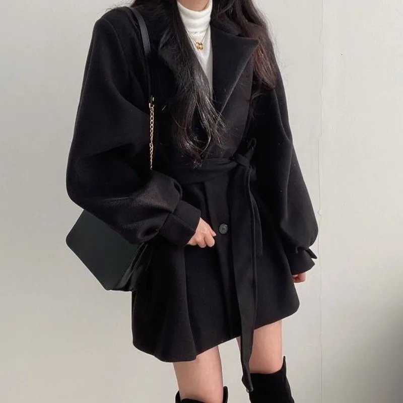 Women Solid Wool Blend Coat Slim Fit Belt Coats Female Warm Cotton Thicker Vneck Office Lady Elegant Trendy Button Outwear Ins 251028