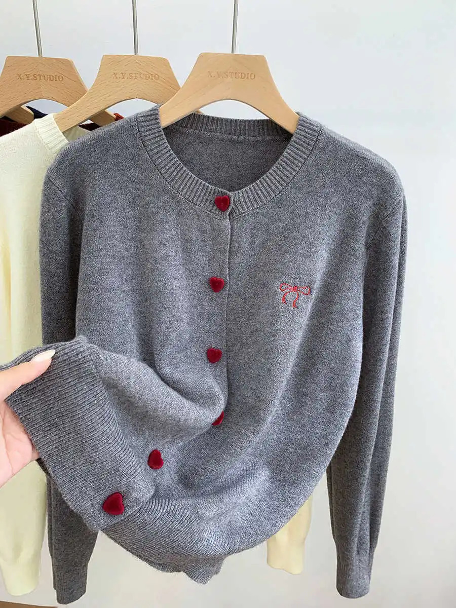 Korean Casual Solid Tops Women ONeck Single Breasted Heart Button Sweater Bow Embroidery Knitted Cardigan Woman Clothes 45 251028