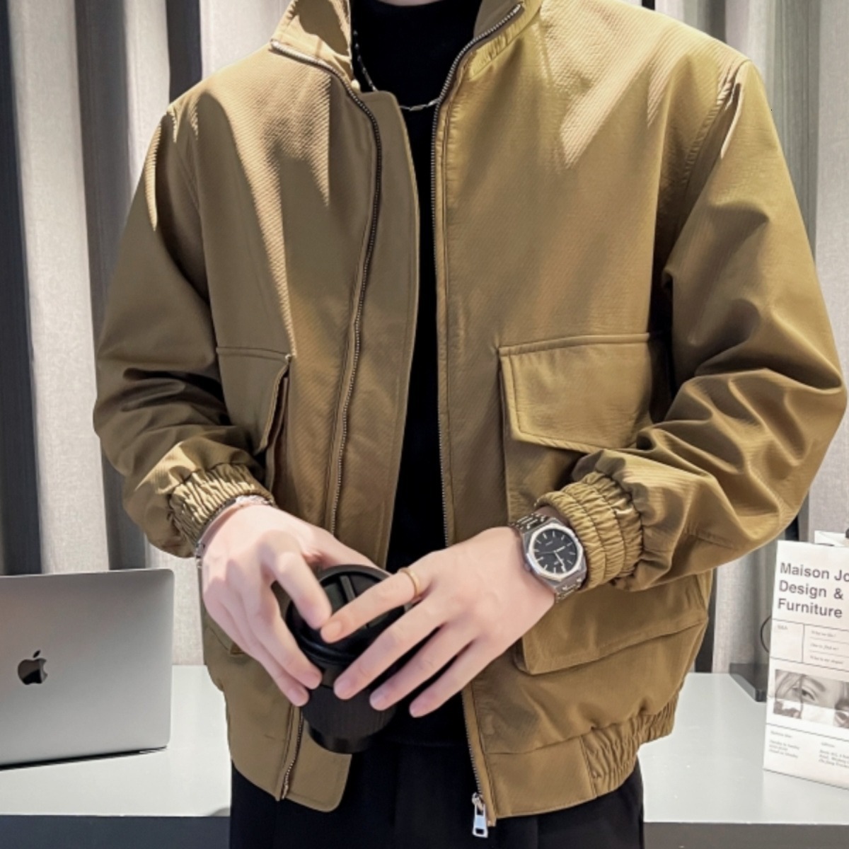 Khaki Jacket Men Spring Autumn Korean Style Trendy Designer Jacket Brand Short Workwear Flight Jacket Spring New Stand Collar Baseball Jacket