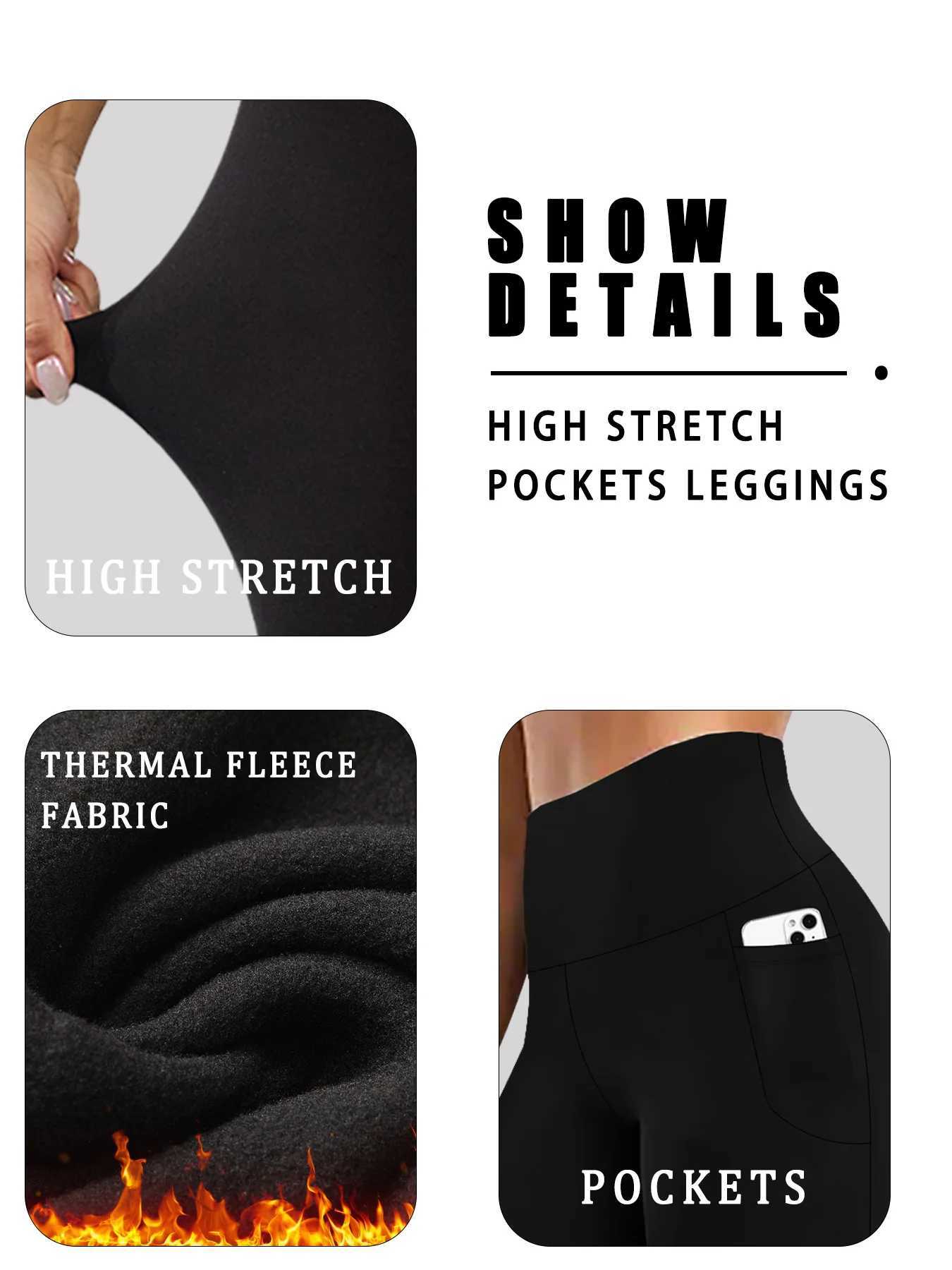 Womens Winter Thermal Leggings with Pockets High Waisted Fleece Lined Tummy Control Thick Warm Tights for Workout Running J251030