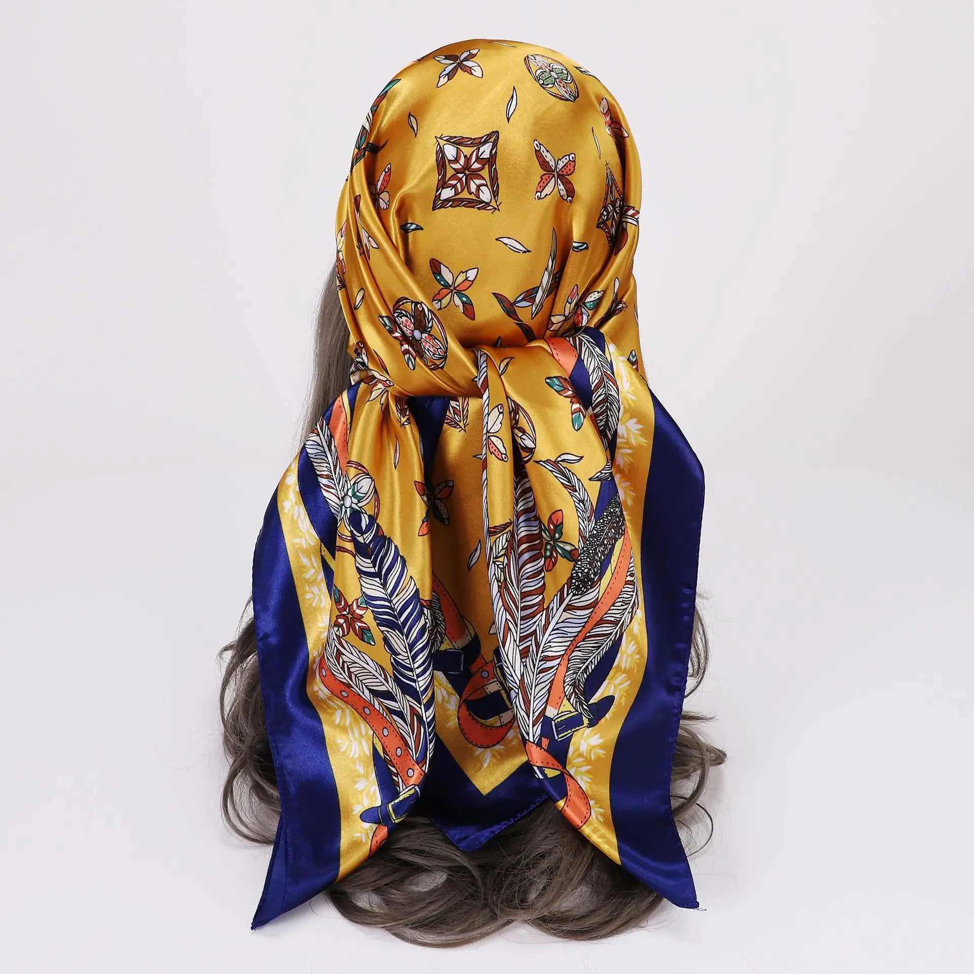 Faux Silk Scarf for Women 90x90cm Square Patterned Neck Wrap Lightweight Shawl Fashionable Head ScarfW251029