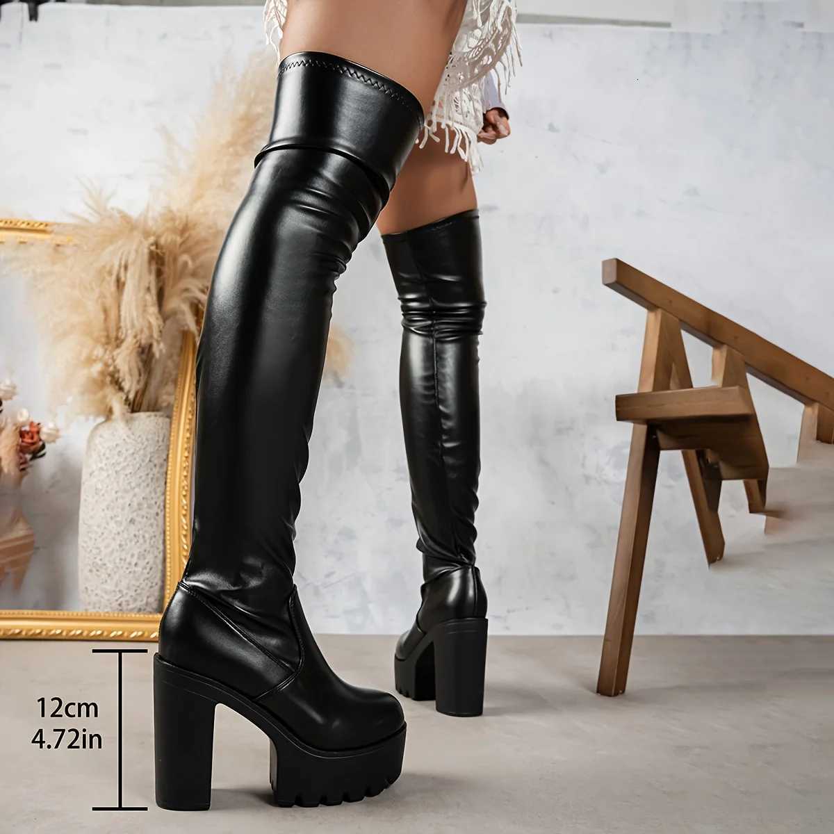 Womens Knee High Thick Sole Wide Heel Boots PU Leather Black Round Toe Rubber Sole All Day Comfort Casual Formal Wear Z251029