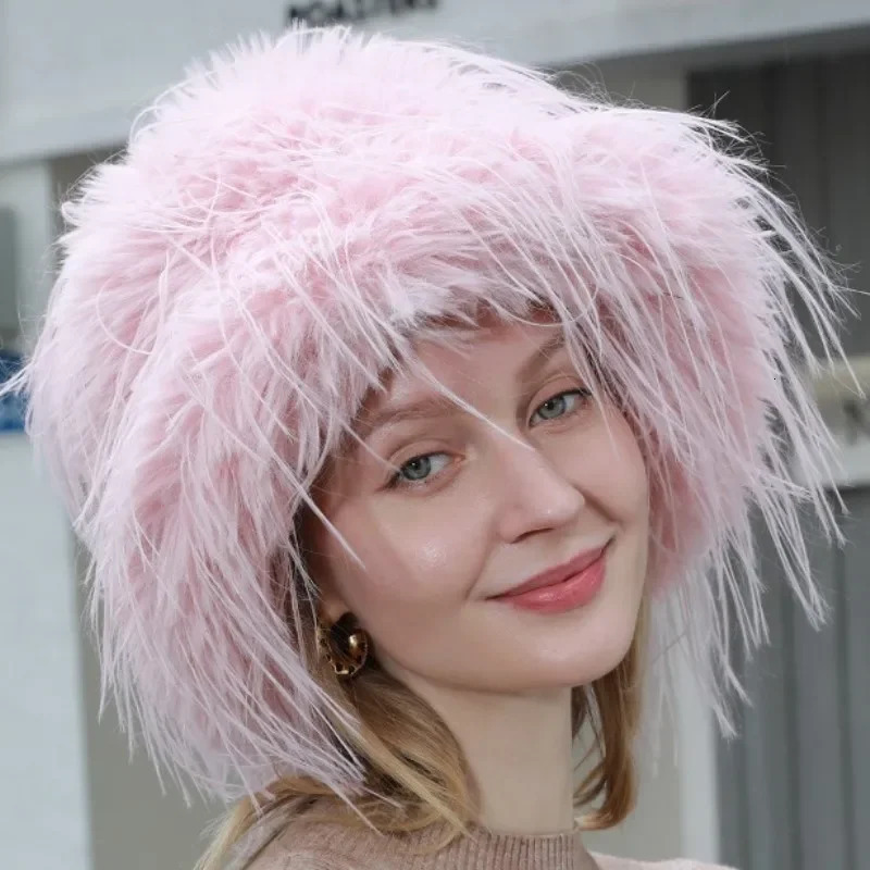 Plush Faux Fur Bucket Hats For Women Fashion Winter Ostrich Feather Female Thicken Warm Fisherman Caps Party Panama Bob 251028