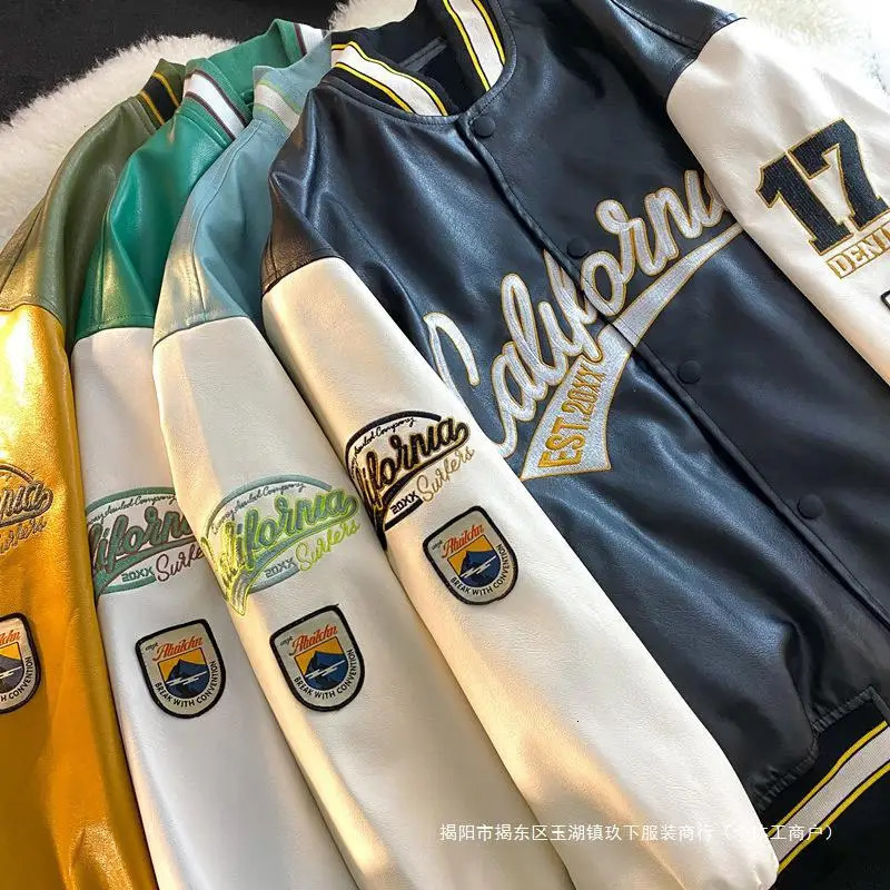 Mens Baseball Jacket Spring Autumn Style Advanced Feeling Handsome Embroidery Pilot PU Leather Patchwork Color Block 251028