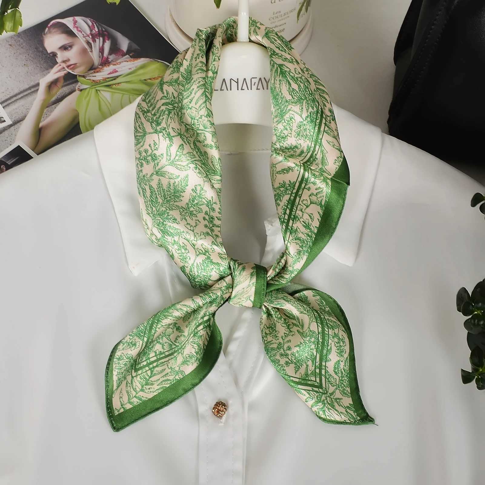 BYSIFA Light Green Women Fashion Luxury 100 Natural Silk Scarf Small Square Scarves Printed Elegant Ladies Hair AccessoriesW251029