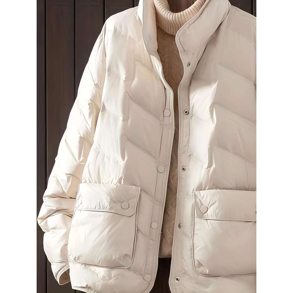 Women S Coat Women S Winter Coat Beige Cold Weather Jacket Front Button Closure Side Pockets Hine Washable Outerwear For Everyday Formal Events