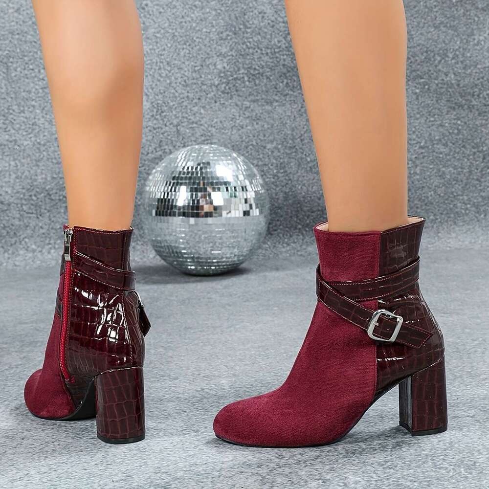 1Pr Elegant Bury Ankle - Women's Round Toe Block Heel Dress Boots Side Zipper, Winter Comfort High Heels With PVC Sole And Flannel Insole