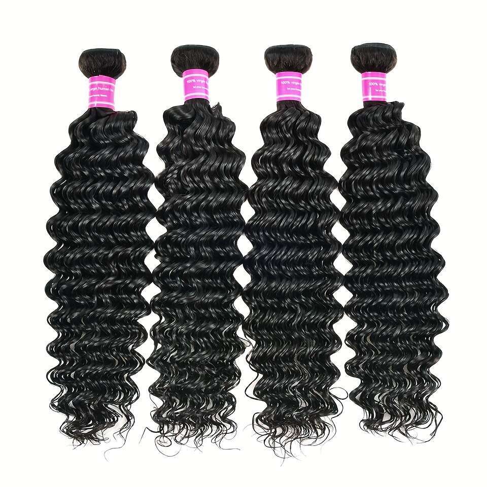 4Pcs Wave Bundles 30 32 34 36 Inch - Unprocessed Deep Curly 98%+ Human Hair Weave Women, Natural Black Color, High-Quality Wet And Wavy
