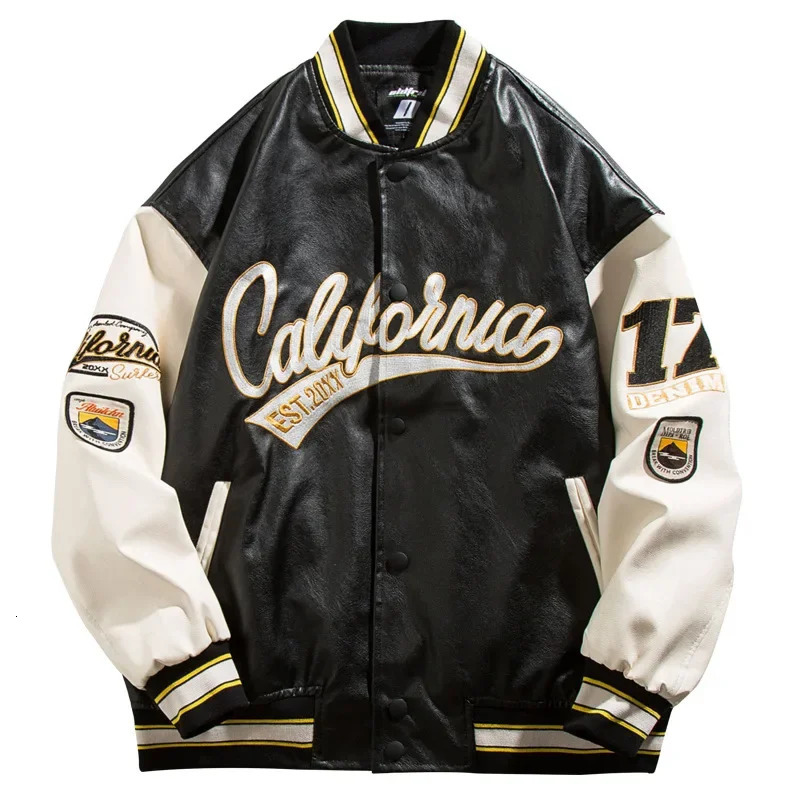 Trendy Mens PU Leather Baseball Jacket Spring Autumn Loose Couple Pilot Coat Embroidered Outerwear Casual 251028