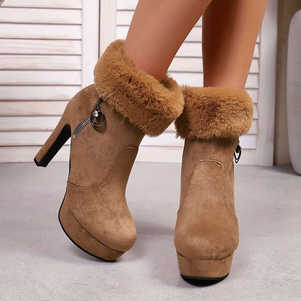 Women's Winter Sexy Chunky Platform Heels, Thick Non-Slip Rubber Sole, Side Zipper Closure, Warm Brown Boots For Parties, Everyday & Formal Event