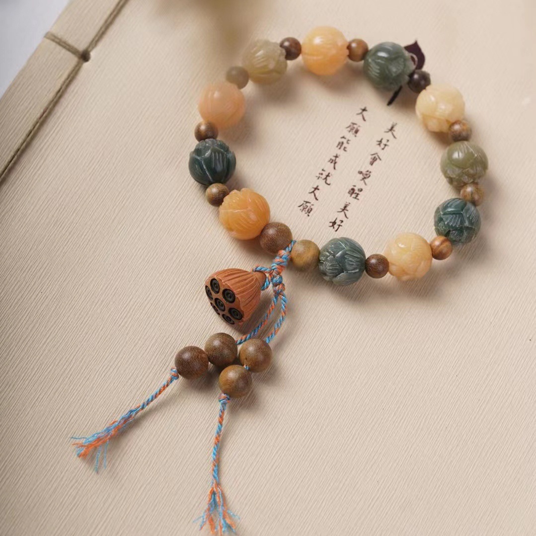 Rich Flower Lingyin Same Multi-Treasure Bodhi Colorful Lotus Carving Bracelet Forest Style ddmynov