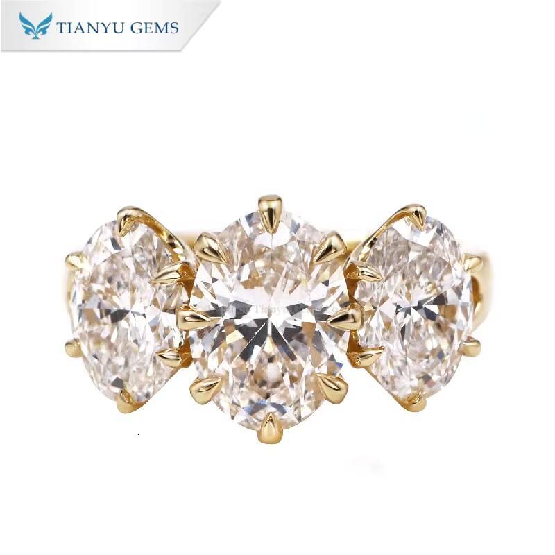Tianyu Gems Yellow Gold Oval Cut Moissanite Three Stones Engagement Ring