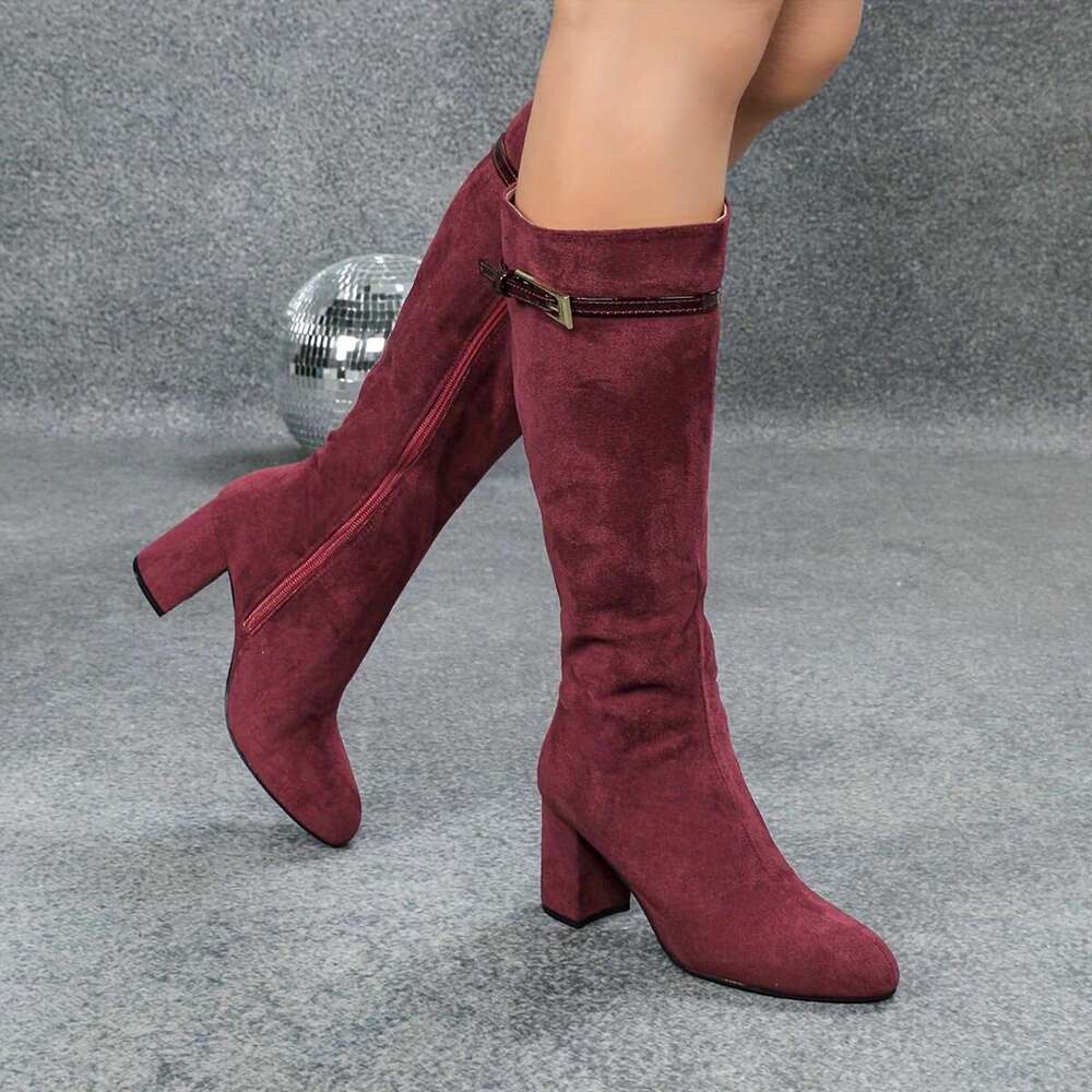 Coarse Heeled Round Toe High-Heeled Bury Side Zipper Knight Knee High Boots, And Long Boots
