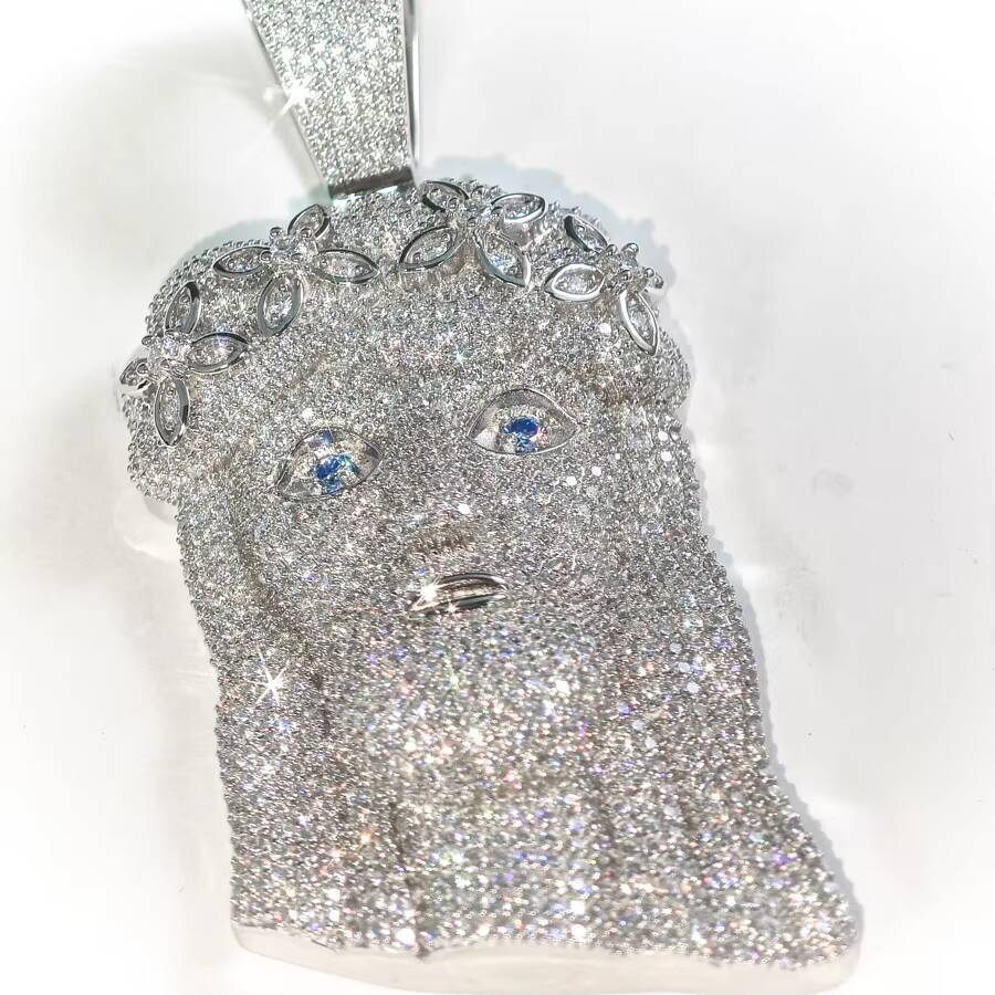 33inches Custom Hip Hop GRA VVS Blue Moissanite 925 Silver Pass Diamond Tester Four Leaf Clover Flower Jesus Head Pendant Gift