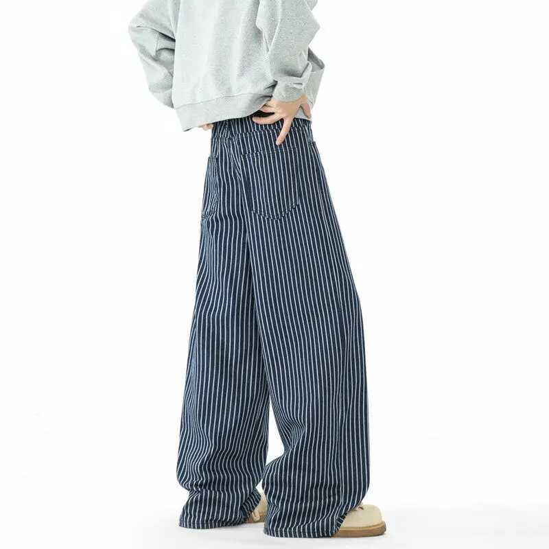 Blue Striped Jeans Men Fashion Casual Baggy Straight Jeans Men Streetwear Korean Loose Wide Leg Jeans Mens Denim Trousers S3XL J251030