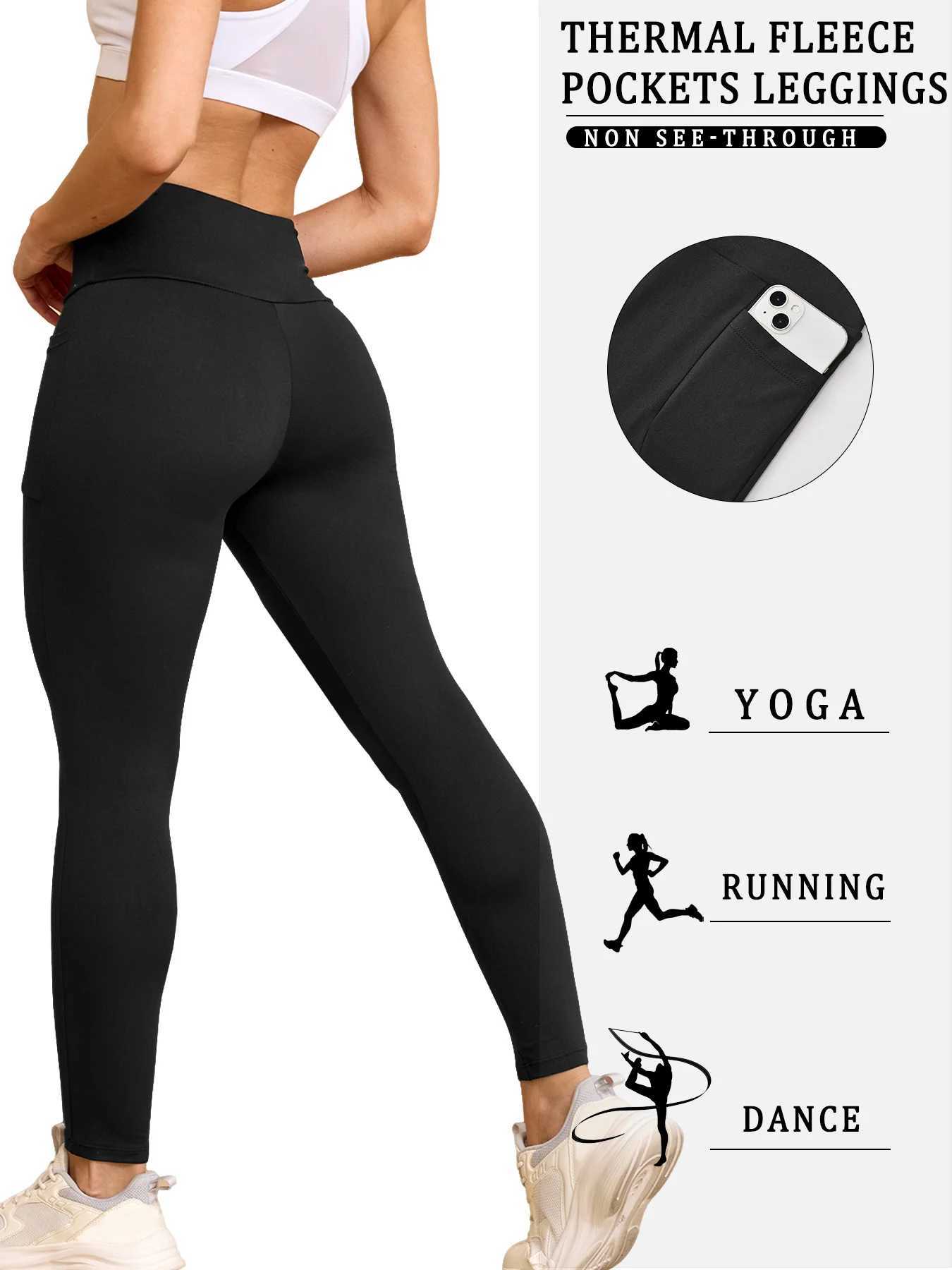 Womens Winter Thermal Leggings with Pockets High Waisted Fleece Lined Tummy Control Thick Warm Tights for Workout Running J251030
