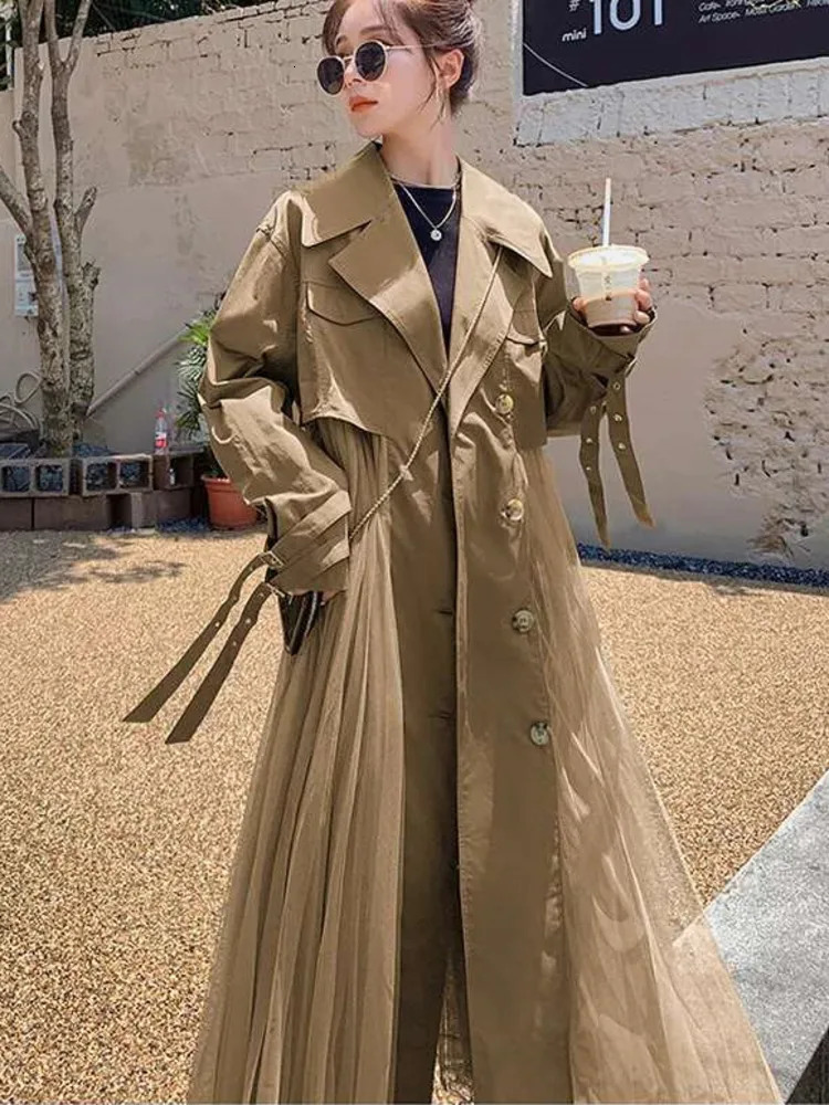 LANMREM Mesh Splicing Windbreaker For Women Lapel Long Sleeves Irregular Belt Trench Coat 2025 Spring Fashion Clothing 2DA8385 251029