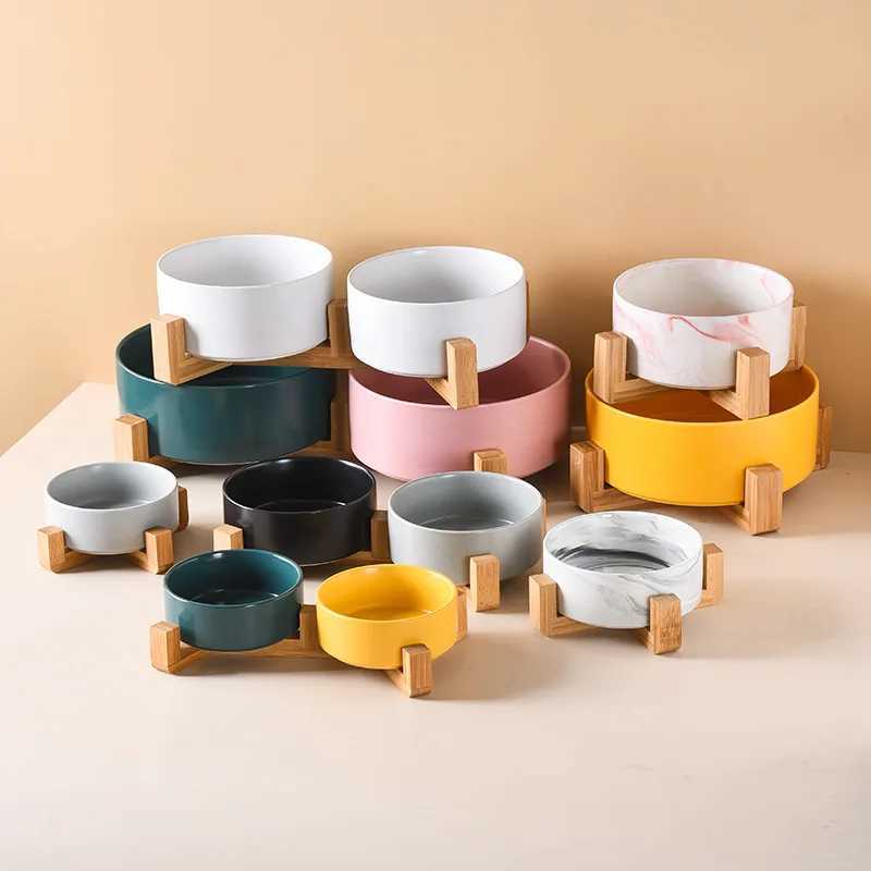 Elevated Dual Ceramic Pet Bowl SetWooden Stand with Integrated Food Water DishesAntiNeck Strain Design for Cats Small dogs J251113