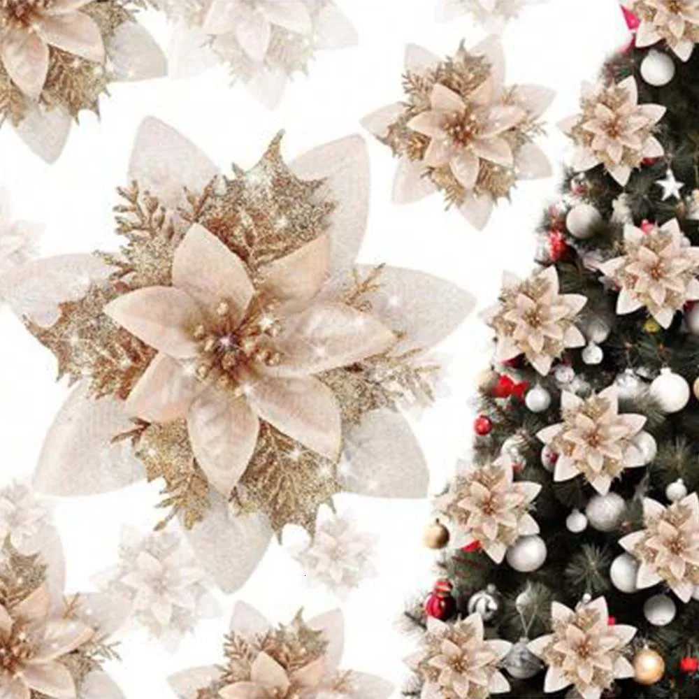 1030pcs Glitter Artifical Christmas Flowers Mreey Christmas Tree Decoration Happy New Year Ornaments Xmas Fake Flowers natal C251030