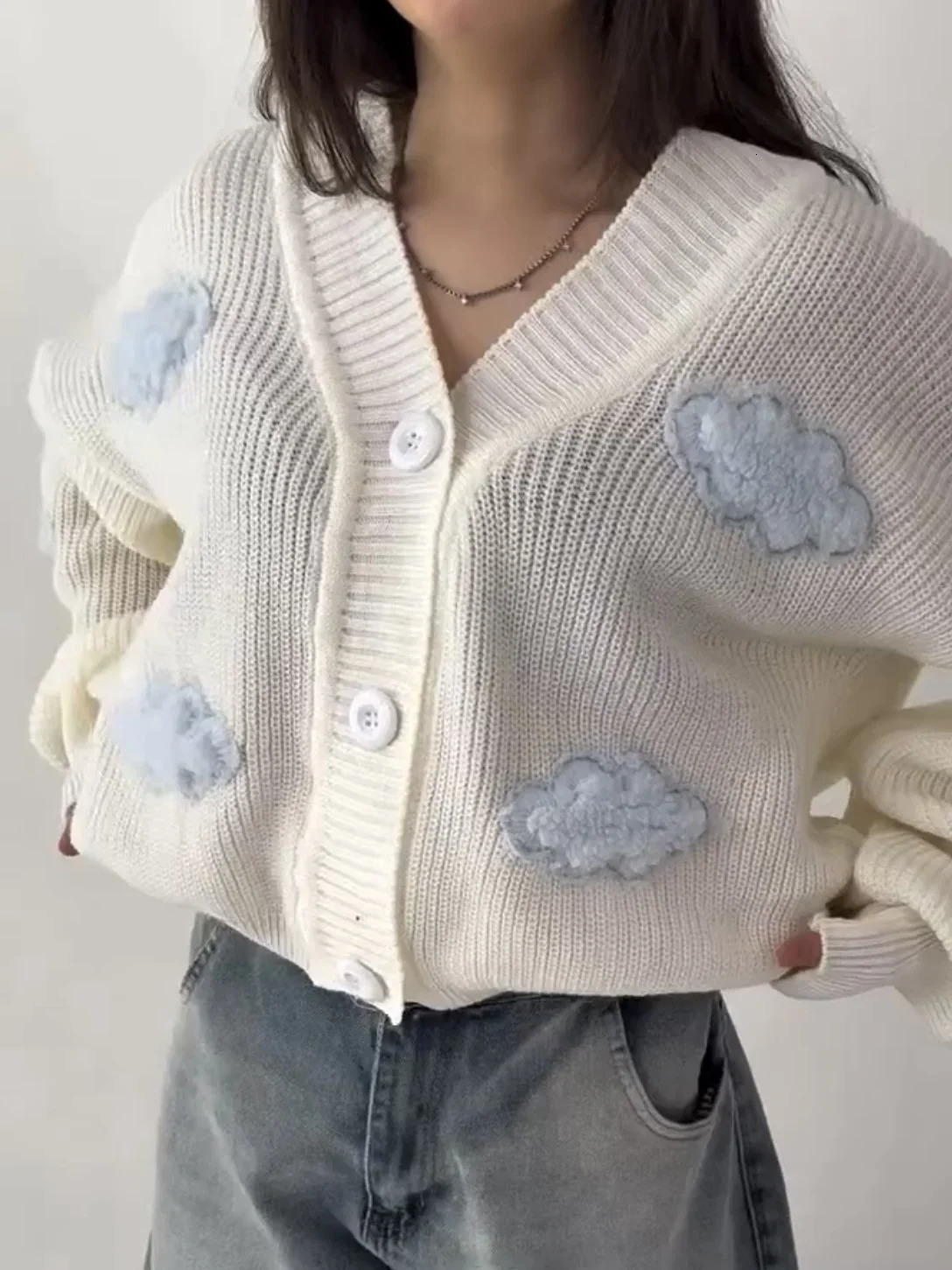 Harajuku Spliced Cardigan Knit Sweater Fashionable Casual Sweater Women American Y2k Cloud Embroidery Clothing Women 251029