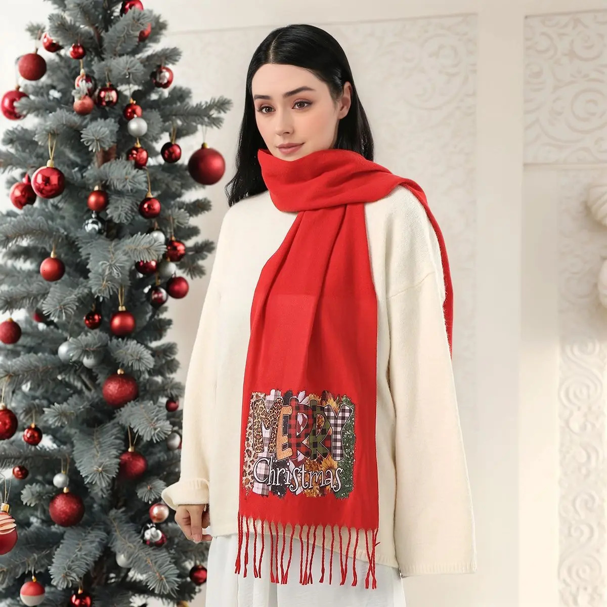 Christmas Red Printed Cashmere Scarf Pashmina Tassel Scarves Neck Protection Deer Elk Printed Wrap Gift Long Shawl 18330cm 251023