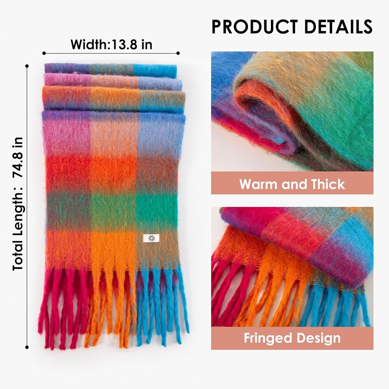 Custom Womens Winter Scarf, Cashmere Feel Tassel Fashion Scarfs Colorful Plaid Long Shawl Large Scarves Christmas gifts