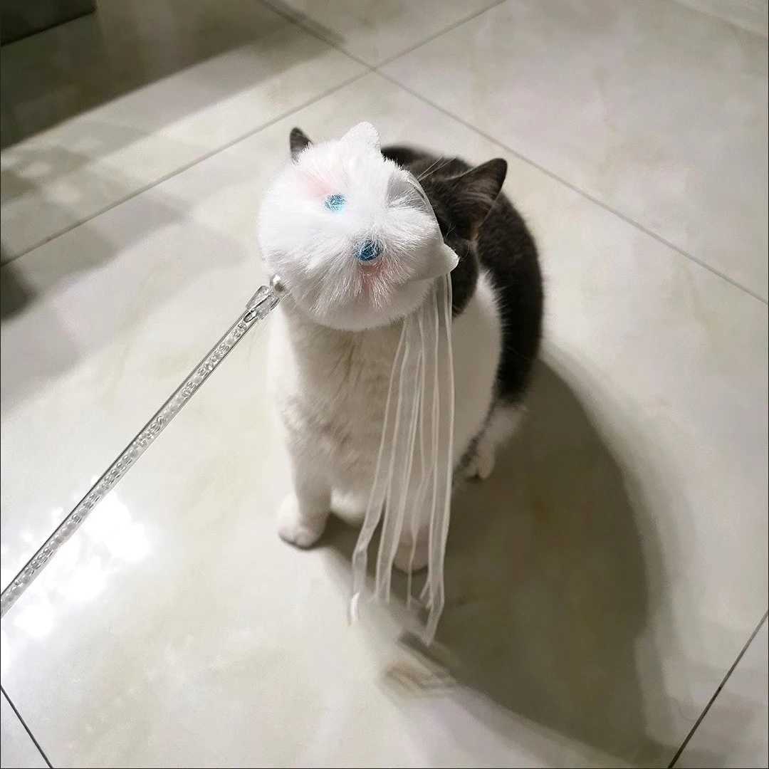 Funny Interactive Cat Toys Kawaii Plush White Tassel Bell Cat Stick Toys for Kitten Playing Teaser Ribbon Wand Toys Cat Supplies S251029{category}