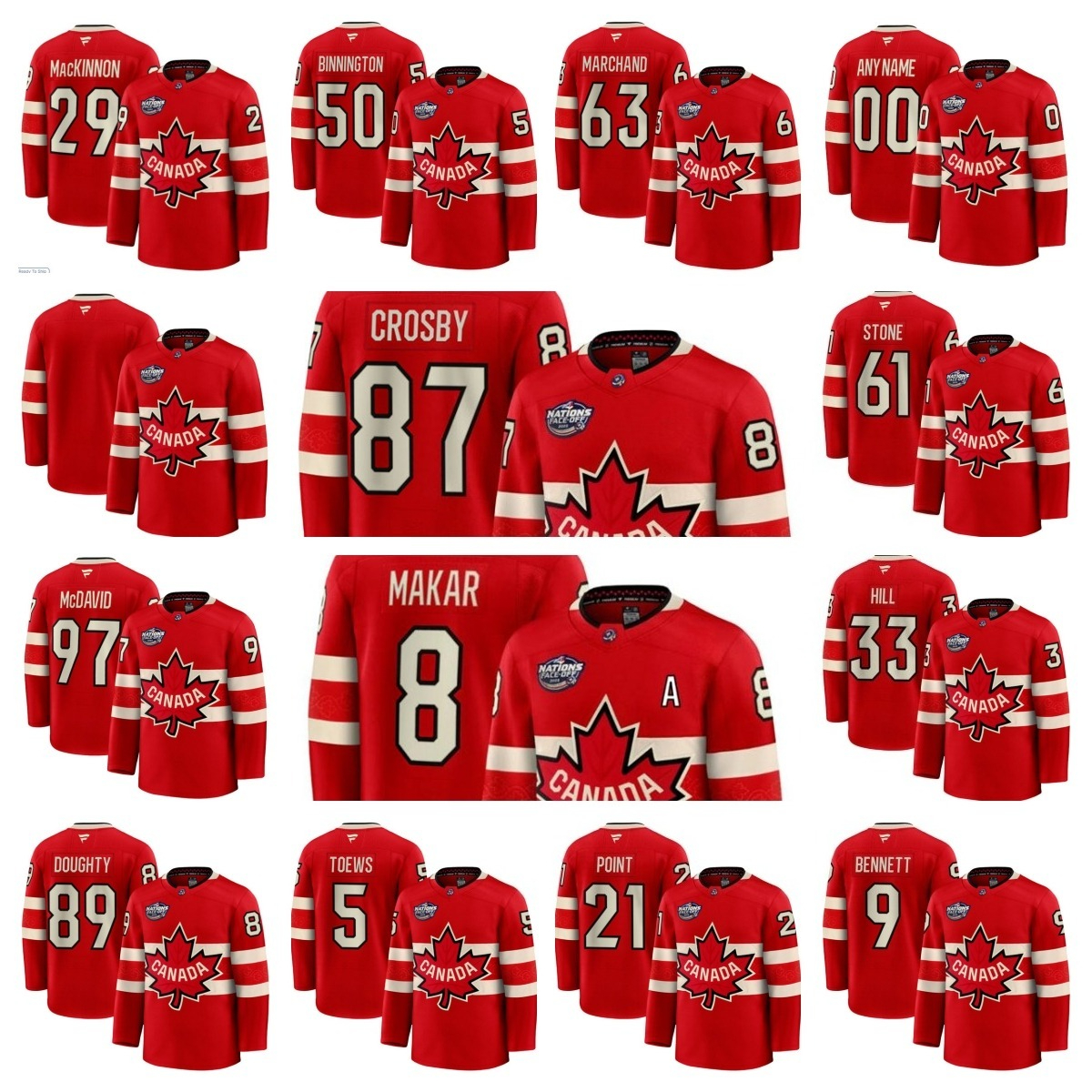 Men Women Youth Canada 16 Mitch Marner 97 Connor McDavid 21 Brayden Point 5 Devon Toews 87 Sidney Crosby 8 Cale Makar Custom Red 2025 4 Nations Face-Off Premium Jersey