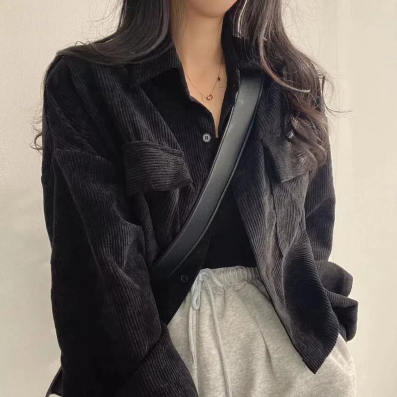 Fashion Retro Versatile Coat Single Breasted Collar Corduroy Shirt Long Sleeve Womens Top 166 251028