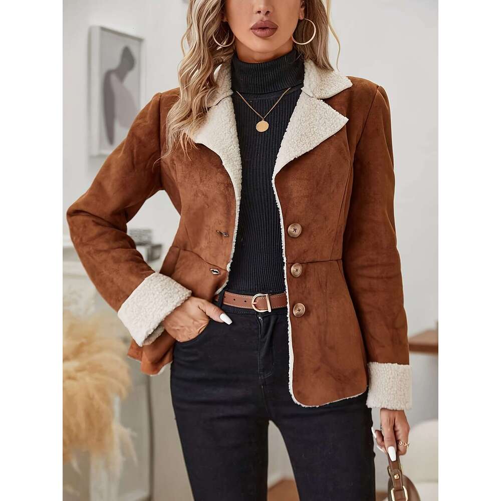 Faux Fur Button Front Thermal Jacket Casual Long Sleeve Lapel Collar Outerwear For Fall Winter Women S Clothing