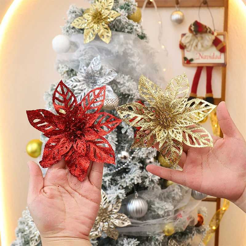 1Pcs Glitter Artifical Christmas Flowers Christmas Tree Wreath Decor Fake Flowers Xmas Garland Ornaments 2025 New Year Navidad C251030