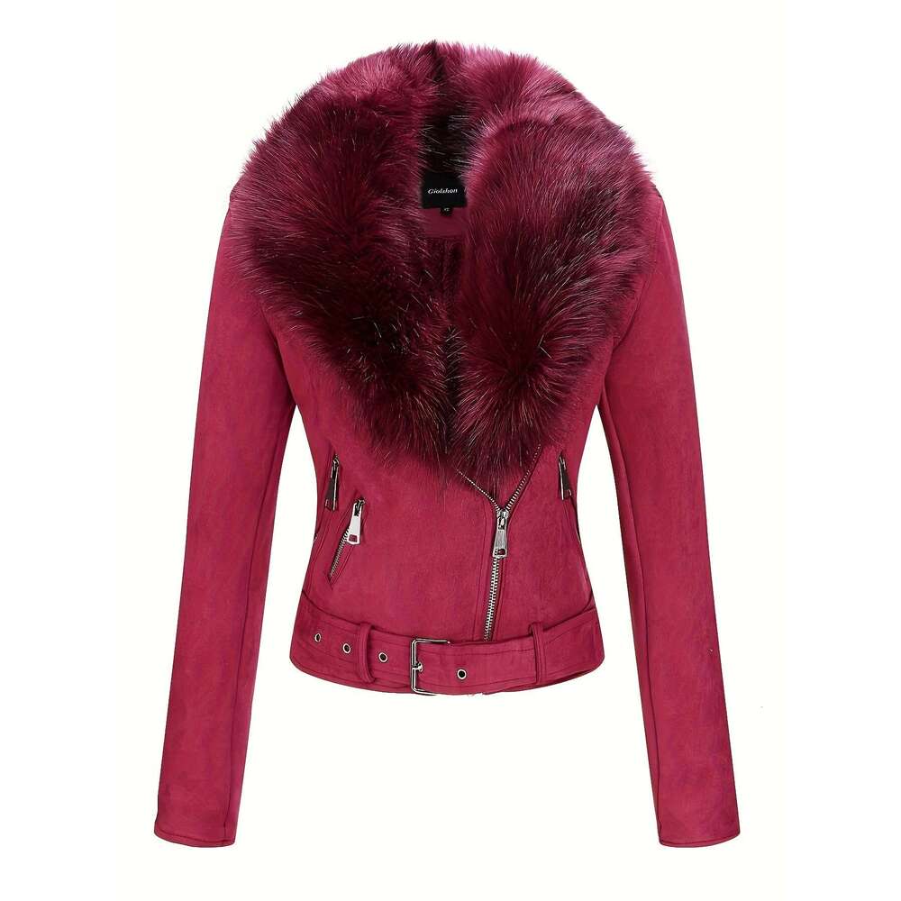 Women S Suede Motorcycle Jacket With Detachable Faux Fur Collar Stylish Winter Outerwear Black Zip Up Closure Long Sleeve Casual Chic Design
