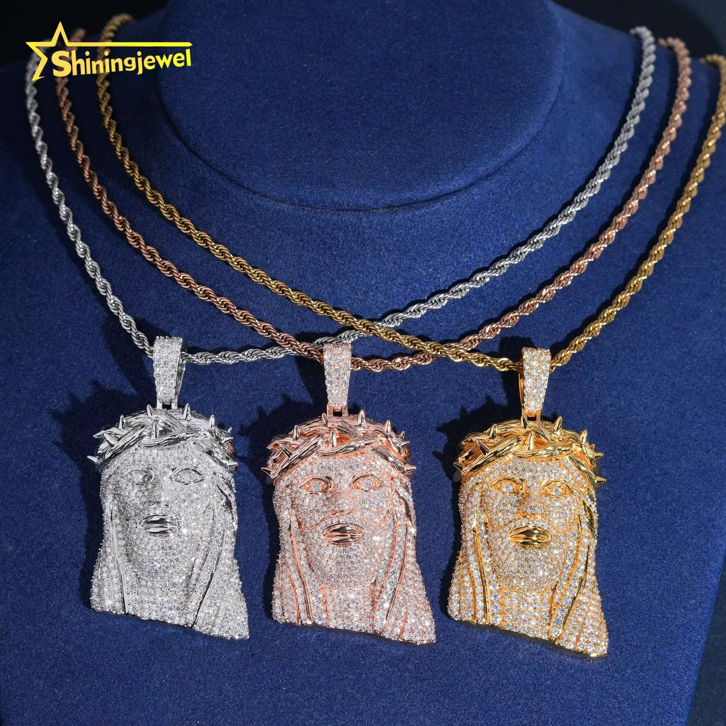 New 25in Rapper Jesus Piece Real Gold Plated 3d Face Portrait Hip Pop Pendant Real Gold Plated 925 Moissanite Jesus Pendant Designer's style