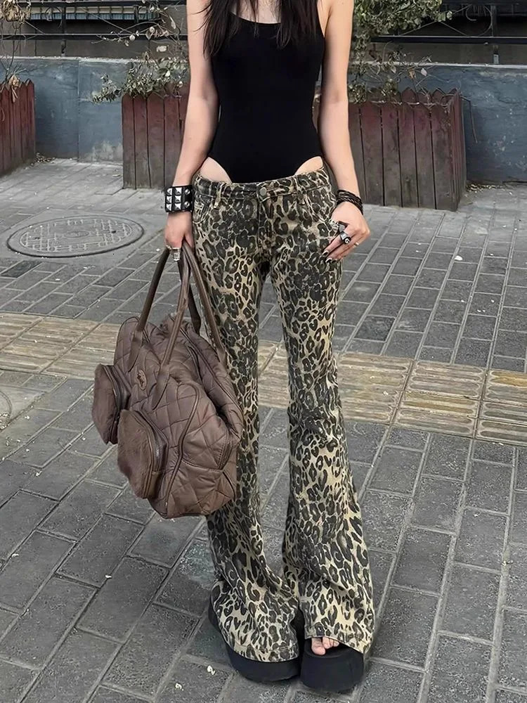 Womens Jean Leopard Print Low Rise Jeans American Retro Gyaru Coquette Y2k Japanese 2000s High Street Harajuku Goth 251029
