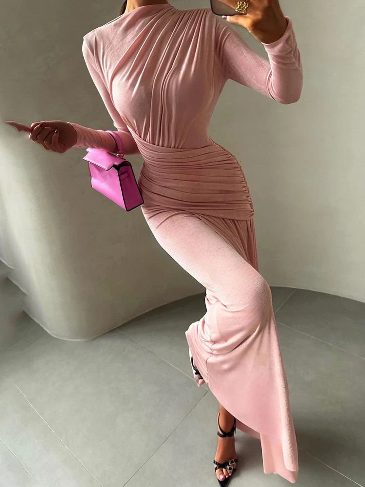 Nibber Folds Maxi Dress Women oNeck Full Sleeve Solid Banquet Elegant Vacation Fashion Autumn Skinny Casual Simple Vestidos 251027