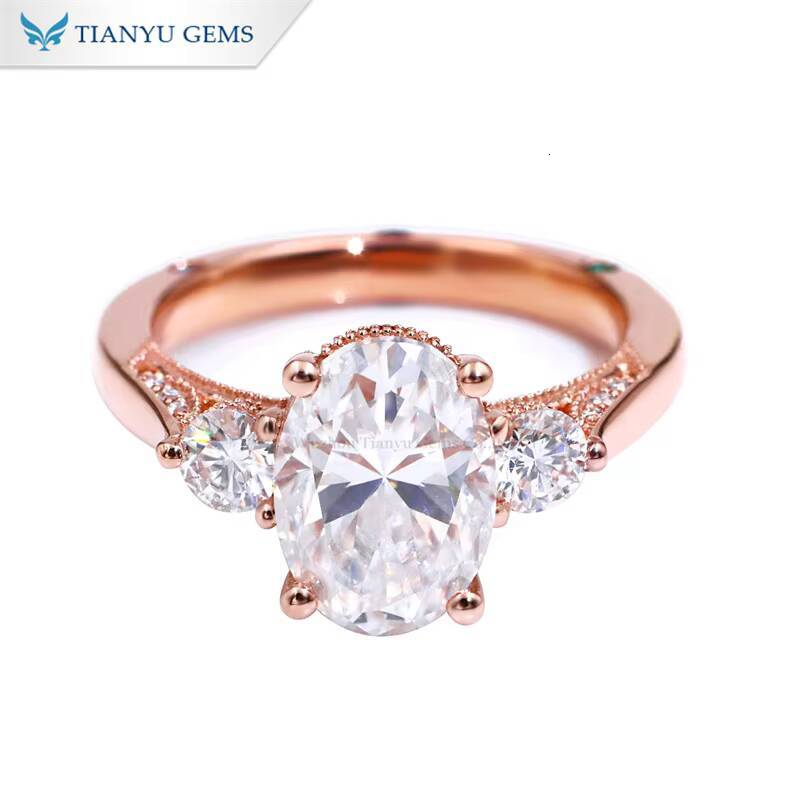 Tianyu Gems Custom Made 710mm 25ct Oval Cut DEF VVS1 Moissanite 18k Rose Gold and Lab Sapphire Fashion Jewelry Rings for Girls