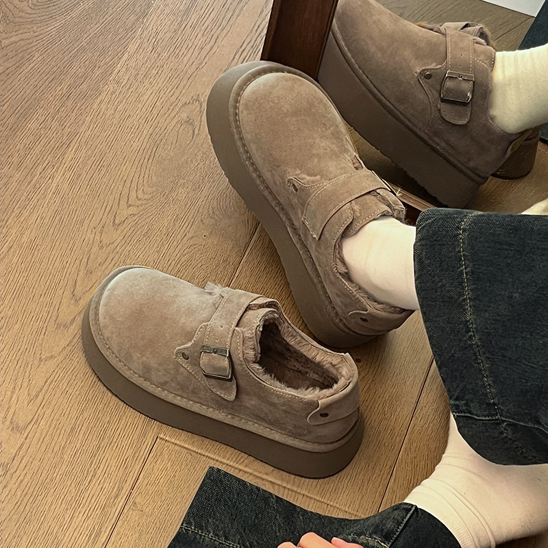 Thick-soled heightened Birkenstock women's new lazy foot pedals with fleece and thickened warm casual cotton shoes for women in the fall and wint