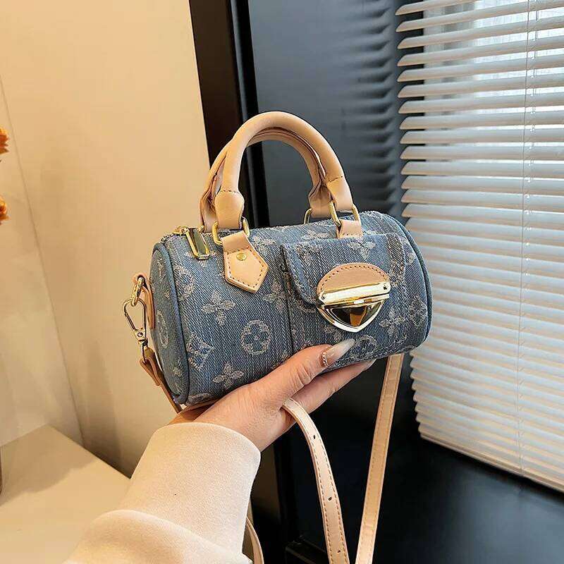 Designer Bag Luxury Bag Urban Elegance: Womens Modern Denim Cylindrical Tote with Multiple Carry Options