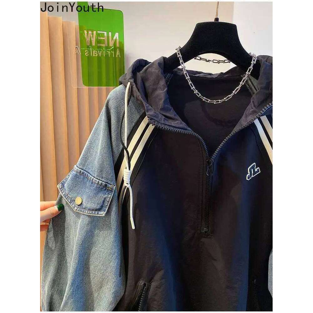 Oversized Sweatshirts For Women Patchwork Denim Streetwear Y2k Tops 2025 Ropa Mujer Hooded Contrast Color Vintage Hoodies