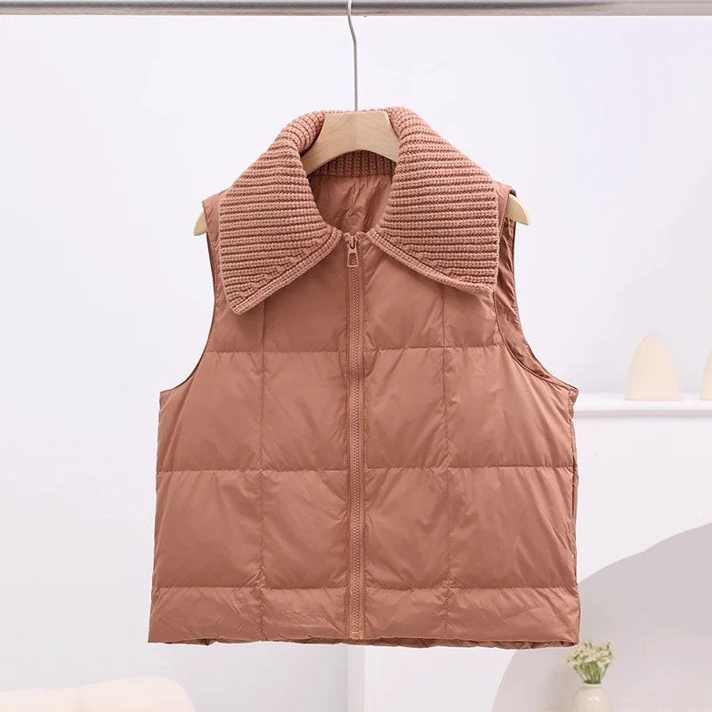 Autumn Winter Knitted Spliced Lapel Down Vest Women White Duck Down Zipper Loose Vests Female Sleeveless Quilted Waistcoat Coat 251024