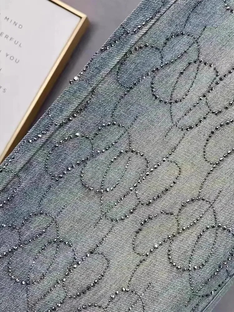 Women Diamond Jeans Shiny High Waist Loose Wide Leg Denim Pants Blue Rhinestone Mopping Pant Streetwear Fashion Trousers Outwear 251029