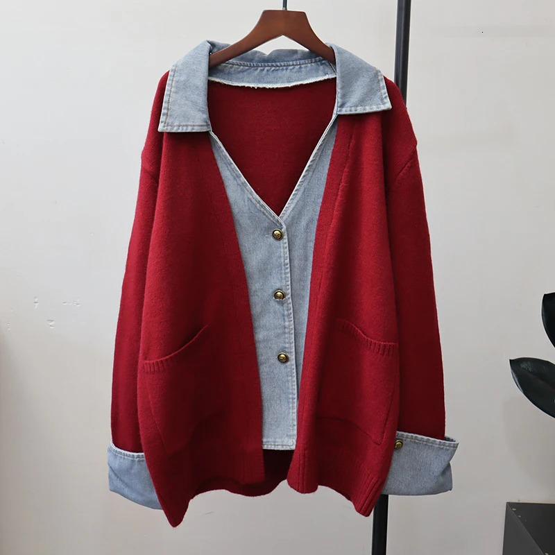 DEAT 2025 Autumn Patchwork Denim Knitted Cardigan For Women Loose Singlebreasted Sweater Coat Female Trendy 11A05629 251029