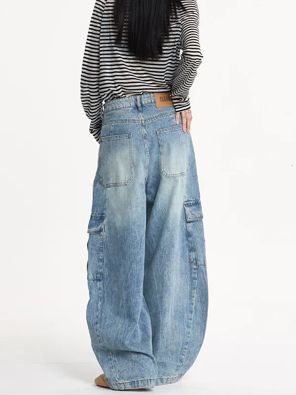 Americanstyle Washed LightningStitch Patchwork Oversized Pocket Workwear Pants Unisex Oversized Fit Denim Trousers Soft 251029