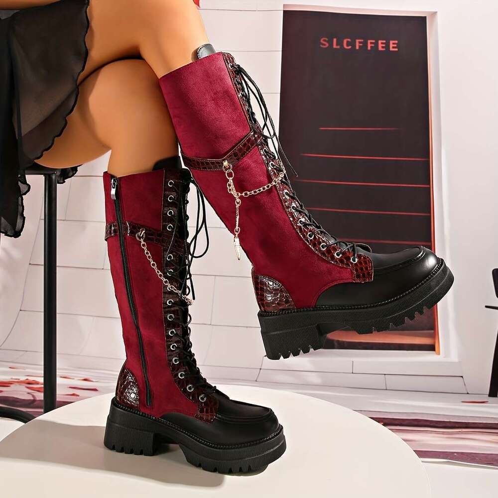 Women's Winter New Solid Color Patchwork Lace-Up Heart Metal Chain Side Zipper Thick Sole Chunky Heel Knee-High Boots, Fashionable Versatile Casu