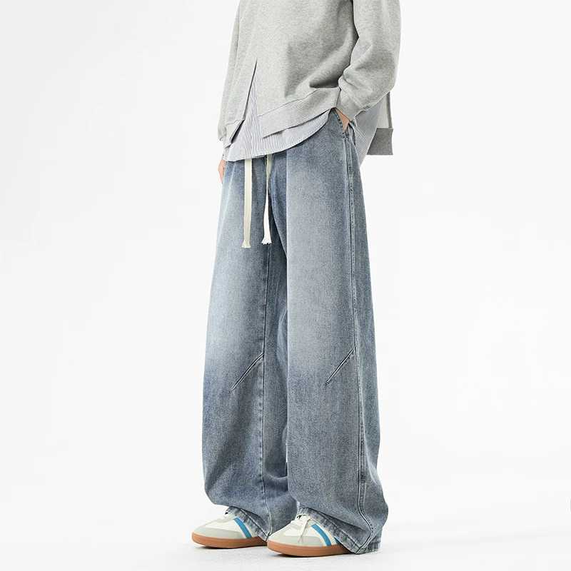 2025 Hiphop Baggy Denim season elastic waist New Korean Mens Jeans American Loose Fit Wideleg Straight Casual Trousers Street J251030