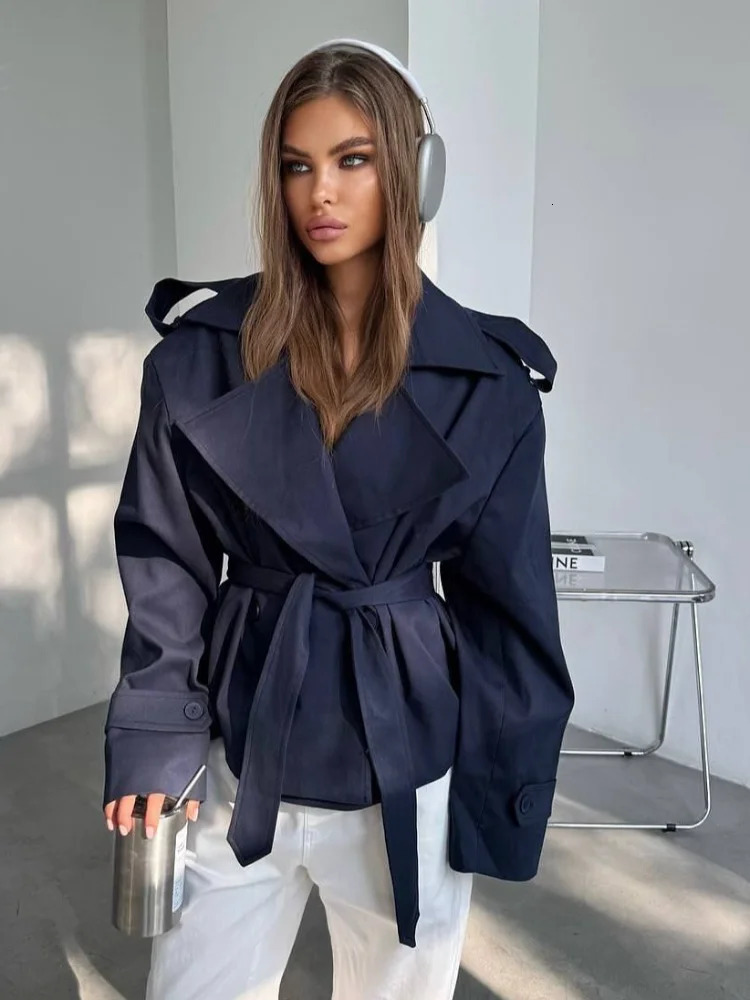 Women Lapel Lace Up Long Windbreaker Full Sleeve Shawl Waist Cinching Single Breasted Coats Lady Elegant Casual High Street Coat 251030