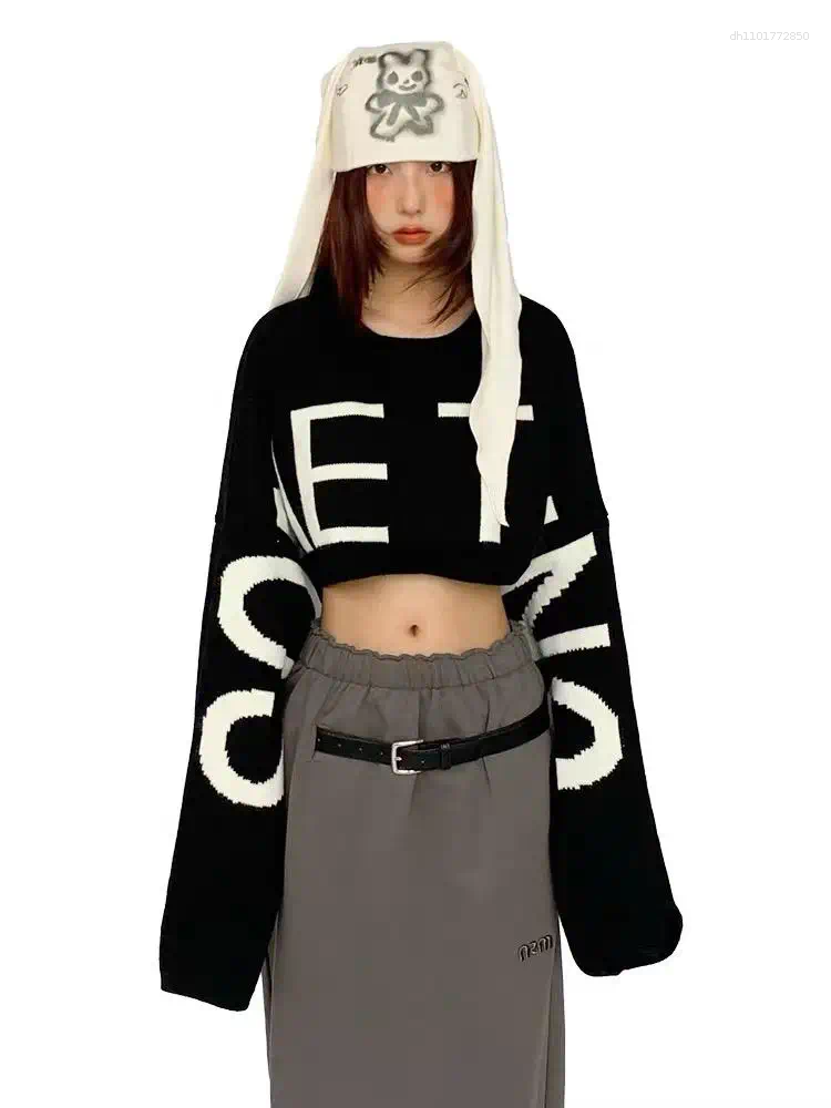 Women's Sweaters Letter Print Loose Crop Sweater Spring Autumn Casual O Neck Lady Solid Color Pullover Large And Long Sleeve Short Jumper